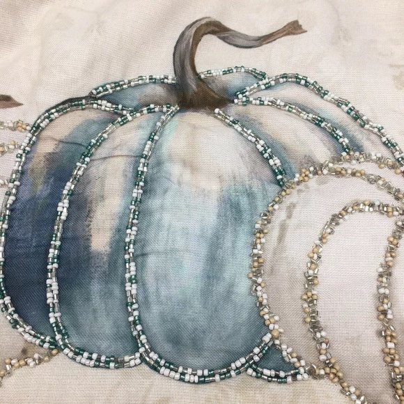 Nicole Miller Beaded Pumpkin Table Runner Blue Cream Thanksgiving Decor 14x72 - Picture 5 of 11